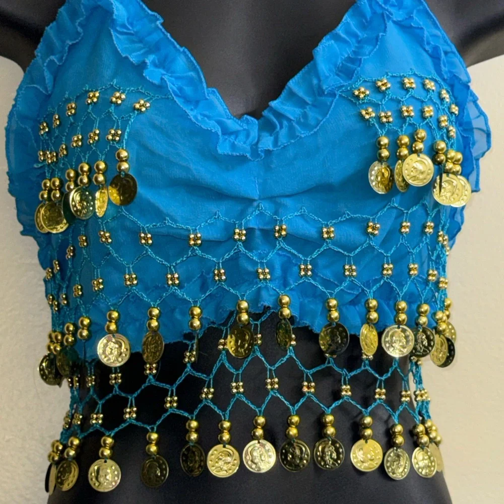 Girls Belly‎ Dance Costume Youth 10-12 Turquoise Coin Bra Skirt Set Cabaret
